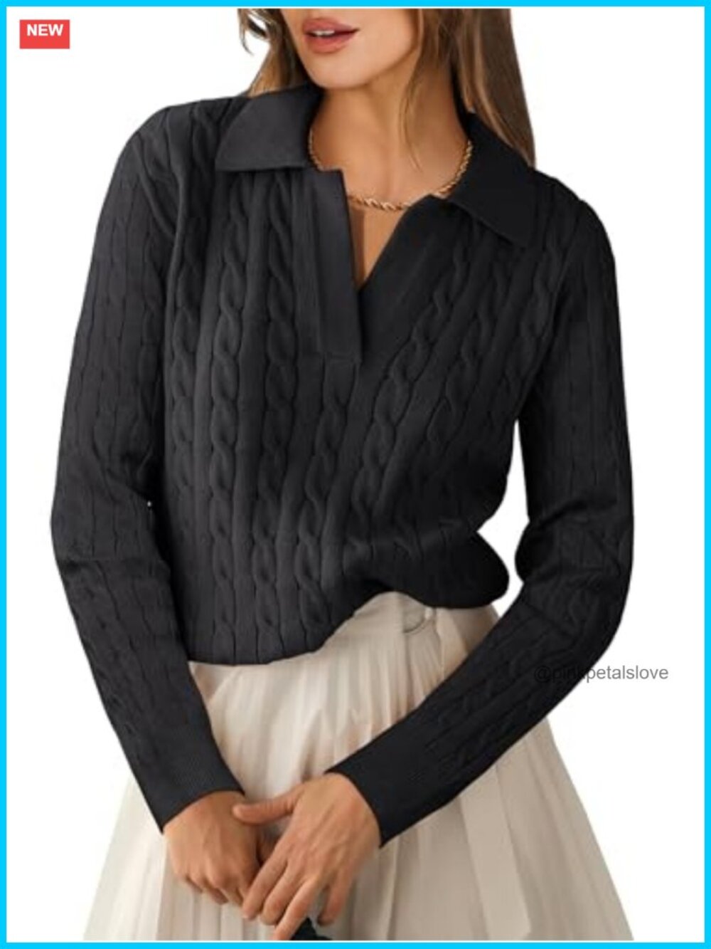 Cable Knit Sweater Long Sleeve Polo Neck Pullover Fall Layering Top
